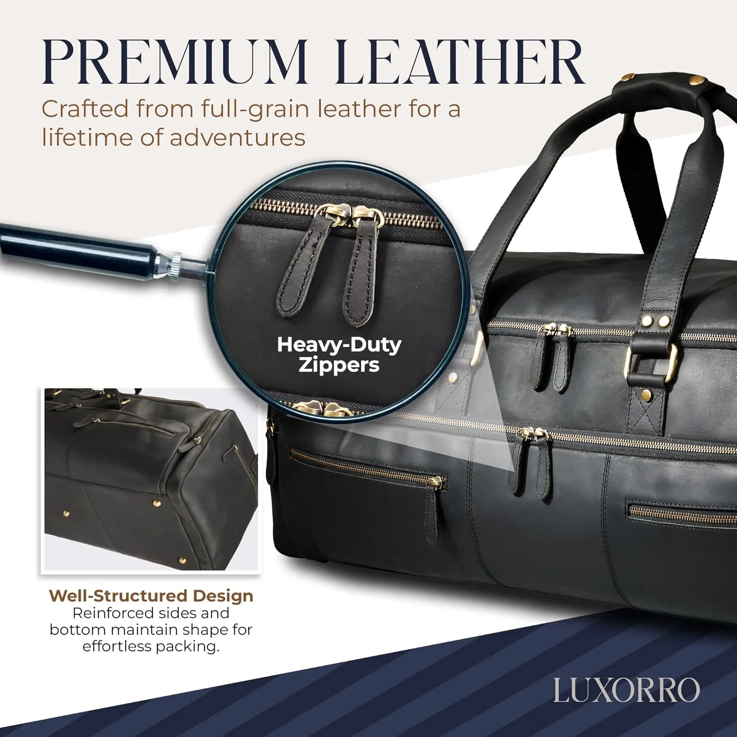 Luxorro Full Grain Leather Duffel Bag for Men - Overnight Travel Bag, Mens Duffle Bag for Traveling, Weekender Bag, 30 Inch Duffel Bag for Outdoor Travel, Black