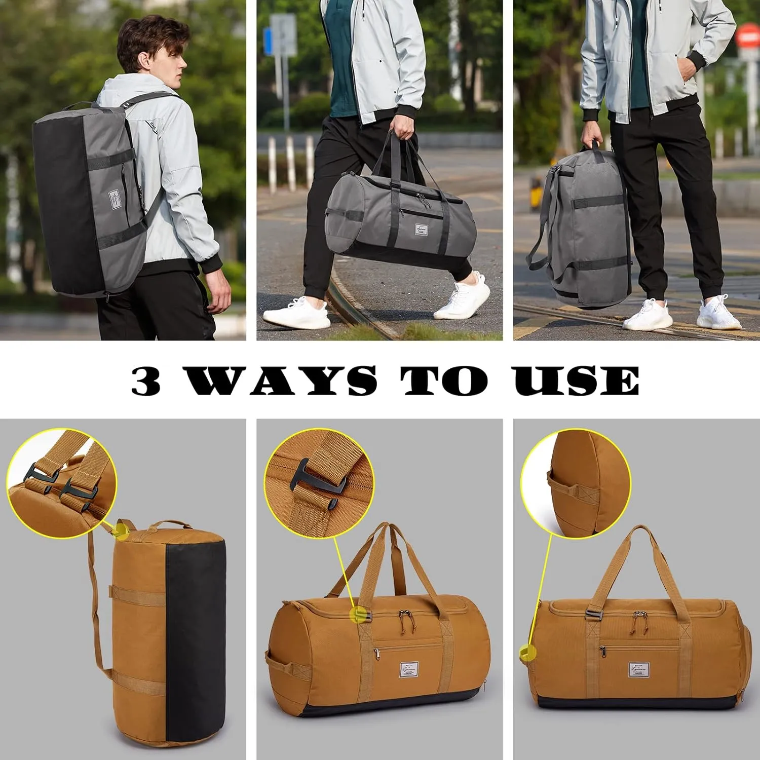 Lyweem Travel Duffle Bag for Men 60L Medium Lightweight Sports Gym Bag Traveling Duffel Backpack for Women Weekender Overnight Bags with Shoes Compartment, Brown