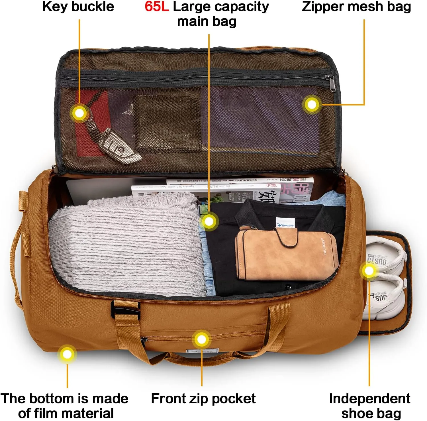 Lyweem Travel Duffle Bag for Men 60L Medium Lightweight Sports Gym Bag Traveling Duffel Backpack for Women Weekender Overnight Bags with Shoes Compartment, Brown