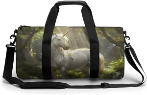 Magical Unicorrn in The Forests Creek Round Barrel Gym Sport Bag Small Travel Duffel Bags Reusable Tote for Men Women