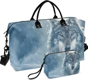 Majestic Wolf Snowfield Travel Duffel Bags Cosmetic Bag Set of 2, Animal Floral Womens Sports Dance Bag Duffle Carry on Bag