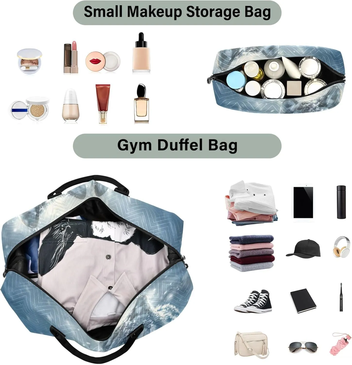 Majestic Wolf Snowfield Travel Duffel Bags Cosmetic Bag Set of 2, Animal Floral Womens Sports Dance Bag Duffle Carry on Bag