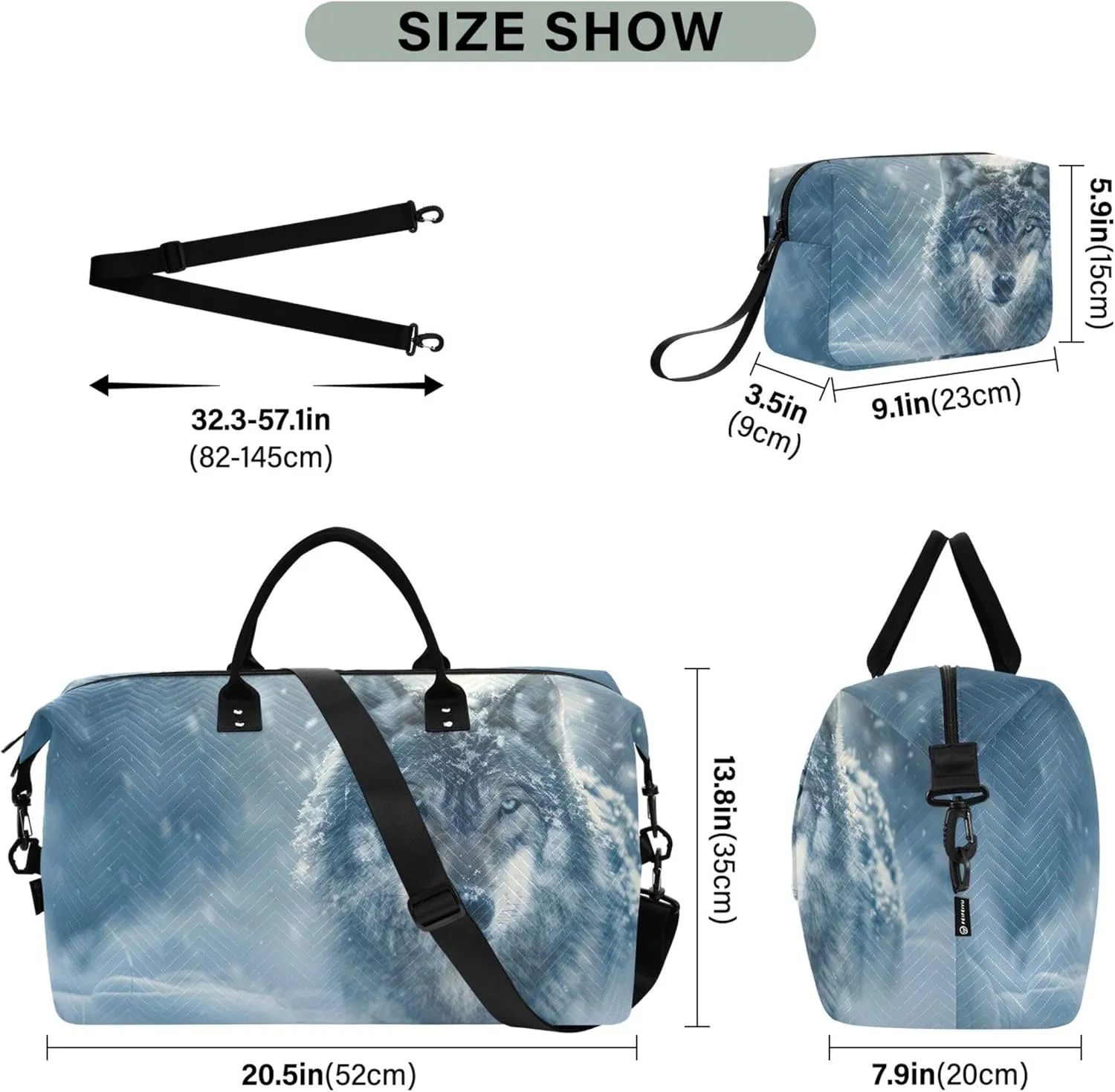 Majestic Wolf Snowfield Travel Duffel Bags Cosmetic Bag Set of 2, Animal Floral Womens Sports Dance Bag Duffle Carry on Bag