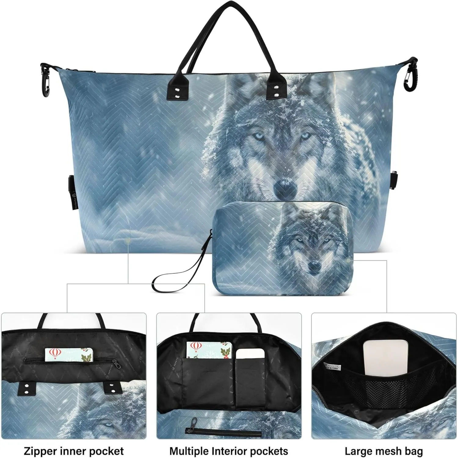 Majestic Wolf Snowfield Travel Duffel Bags Cosmetic Bag Set of 2, Animal Floral Womens Sports Dance Bag Duffle Carry on Bag