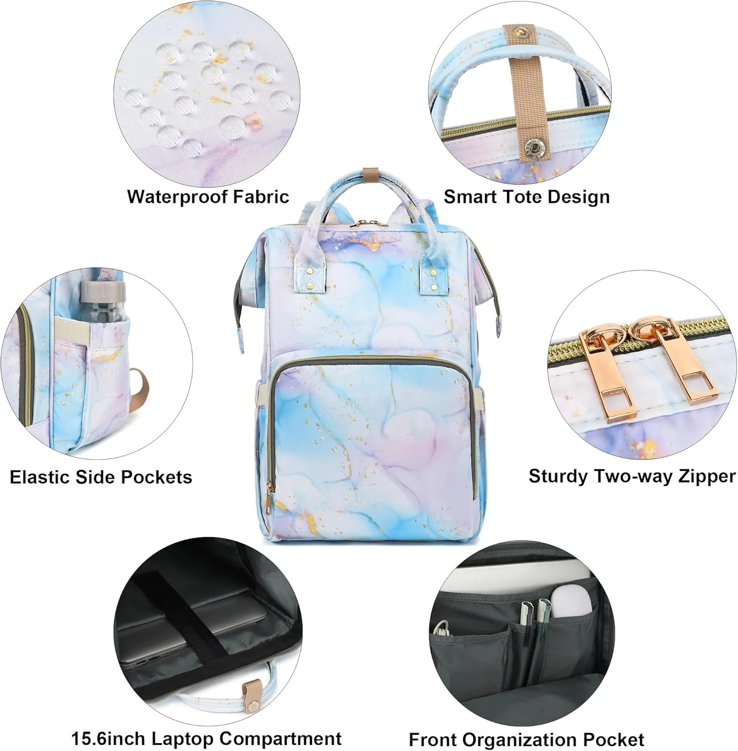 Marble Women Laptop Backpack, College School Backpack Bookbag 15.6 Inch Computer Backpacks for Work Business Travel