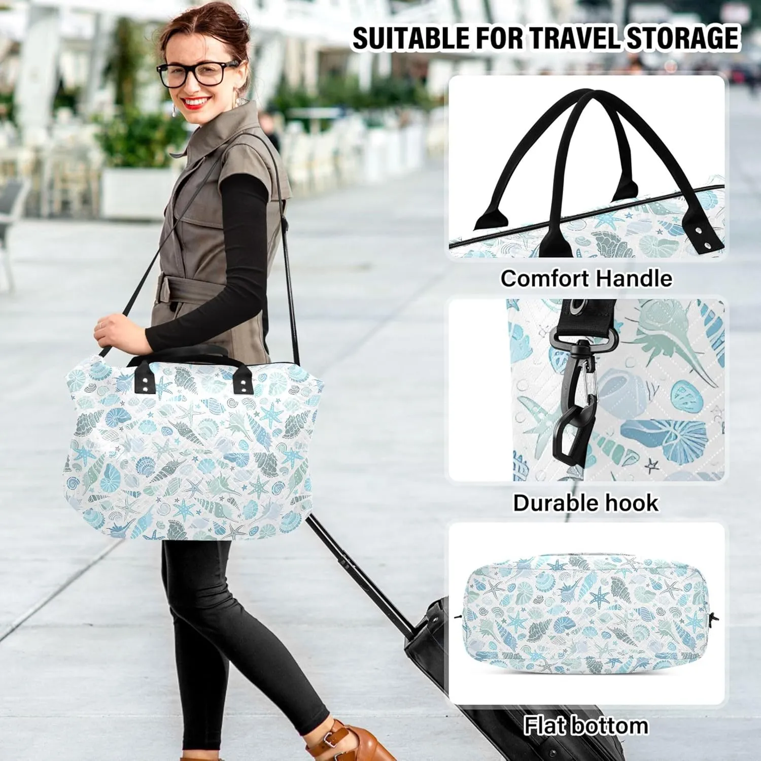 Marine Animals Seashells Starfish Duffle Bags Travel Cosmetic Bags Set, Floral Animal Women Tote Gym Bag Duffel for Traveling