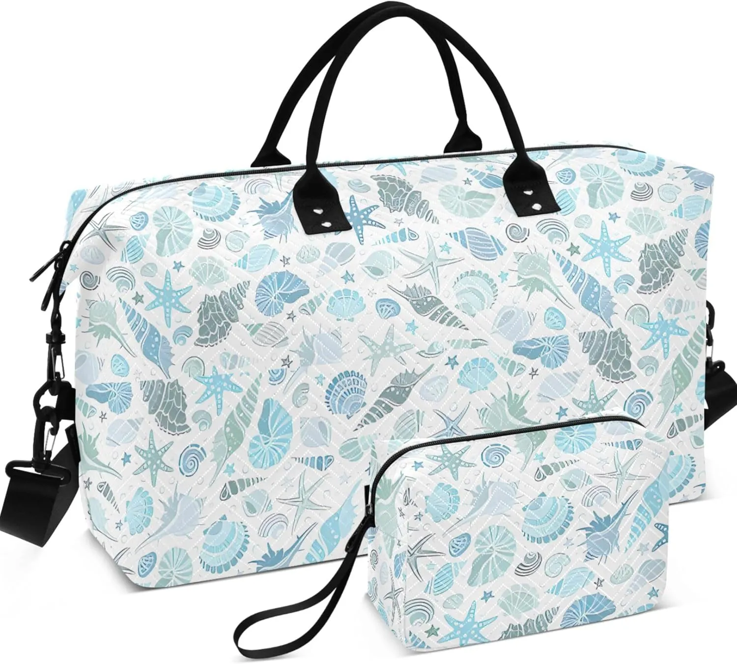 Marine Animals Seashells Starfish Duffle Bags Travel Cosmetic Bags Set, Floral Animal Women Tote Gym Bag Duffel for Traveling