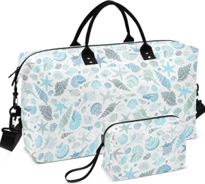 Marine Animals Seashells Starfish Duffle Bags Travel Cosmetic Bags Set, Floral Animal Women Tote Gym Bag Duffel for Traveling