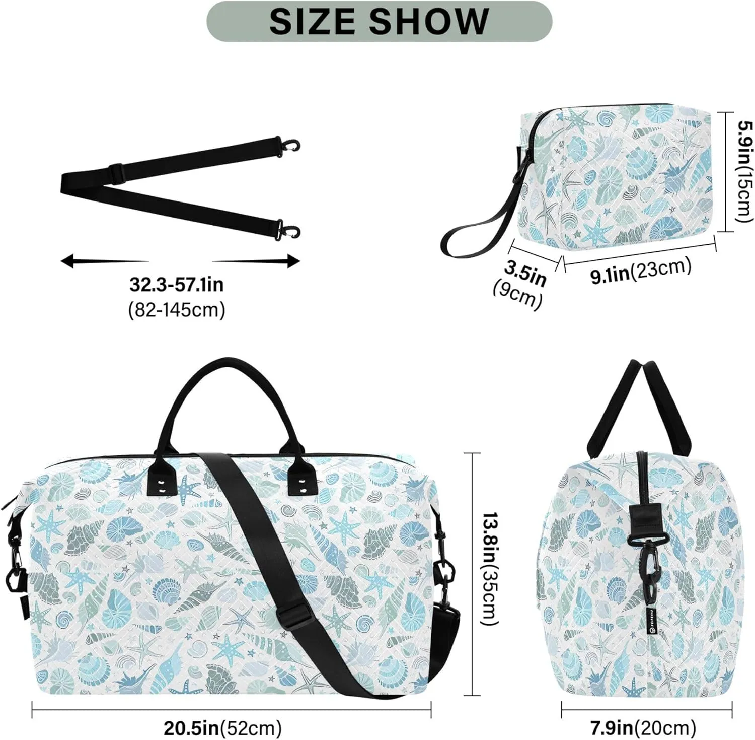 Marine Animals Seashells Starfish Duffle Bags Travel Cosmetic Bags Set, Floral Animal Women Tote Gym Bag Duffel for Traveling