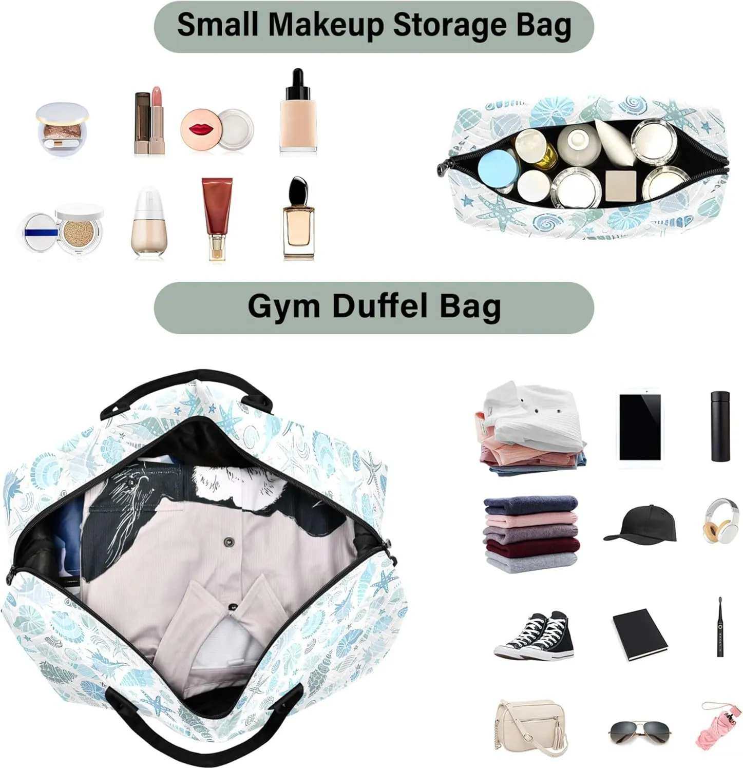Marine Animals Seashells Starfish Duffle Bags Travel Cosmetic Bags Set, Floral Animal Women Tote Gym Bag Duffel for Traveling
