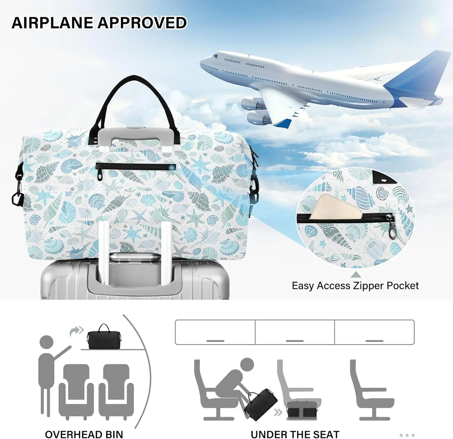 Marine Animals Seashells Starfish Duffle Bags Travel Cosmetic Bags Set, Floral Animal Women Tote Gym Bag Duffel for Traveling