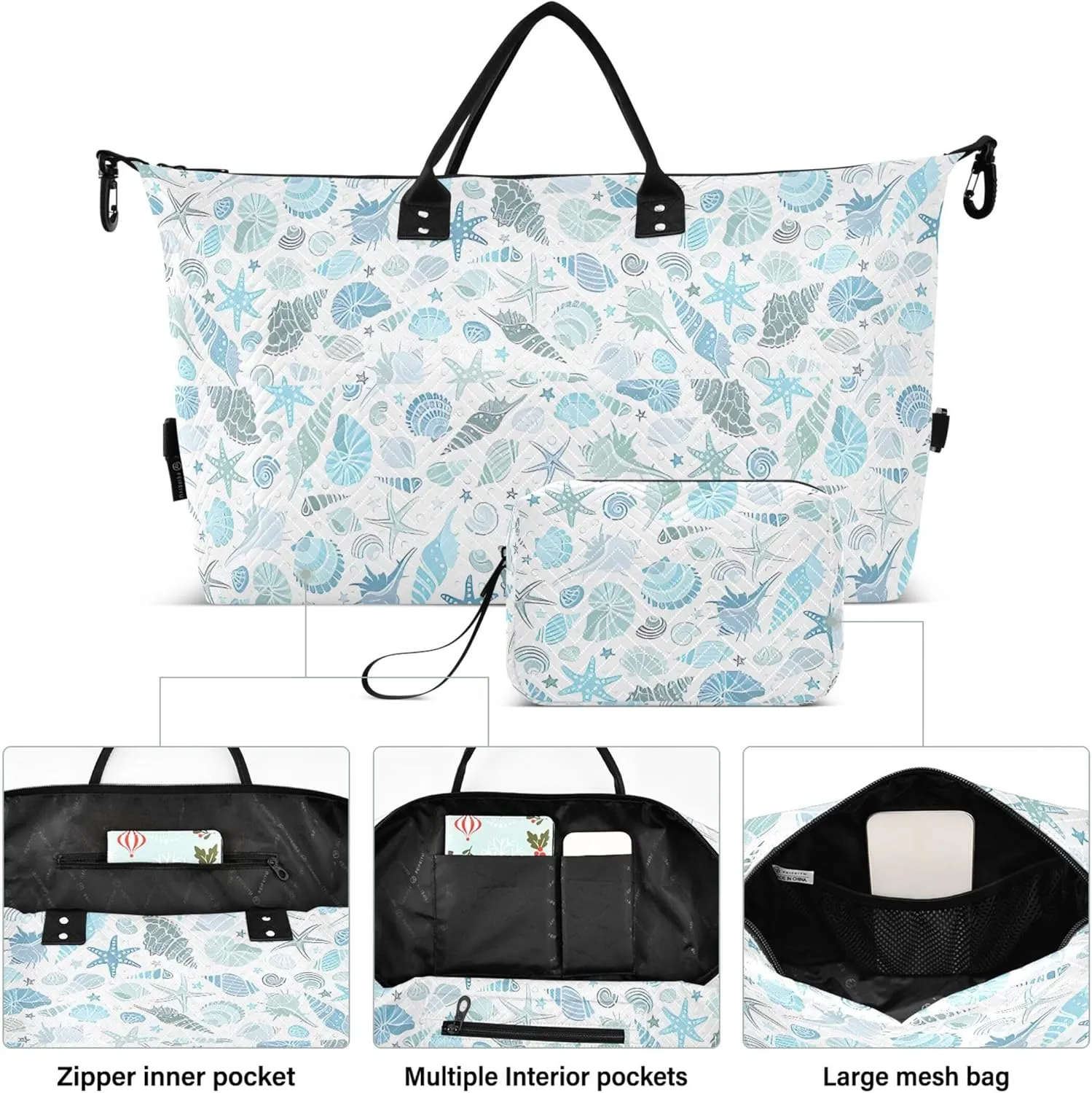 Marine Animals Seashells Starfish Duffle Bags Travel Cosmetic Bags Set, Floral Animal Women Tote Gym Bag Duffel for Traveling