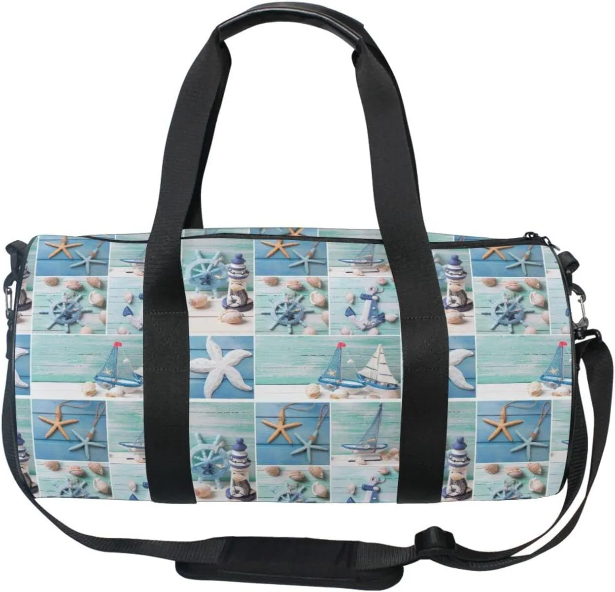 Marine Lighthouse Sailboats Starfishes Ships Steering Wheel on Wood Duffel Bag, Foldable Canvas Travel Tote for Gym Sports with Inner Pockets, Durable Lightweight Fitness Bag for Overnight Workout