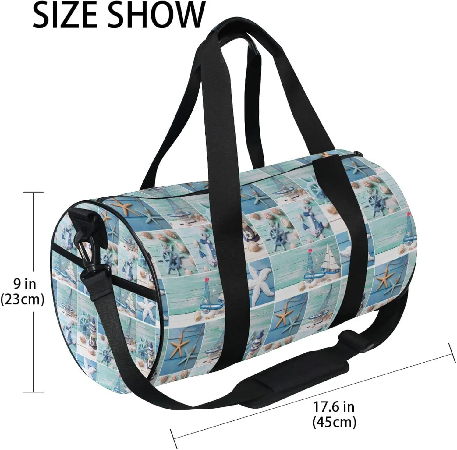 Marine Lighthouse Sailboats Starfishes Ships Steering Wheel on Wood Duffel Bag, Foldable Canvas Travel Tote for Gym Sports with Inner Pockets, Durable Lightweight Fitness Bag for Overnight Workout