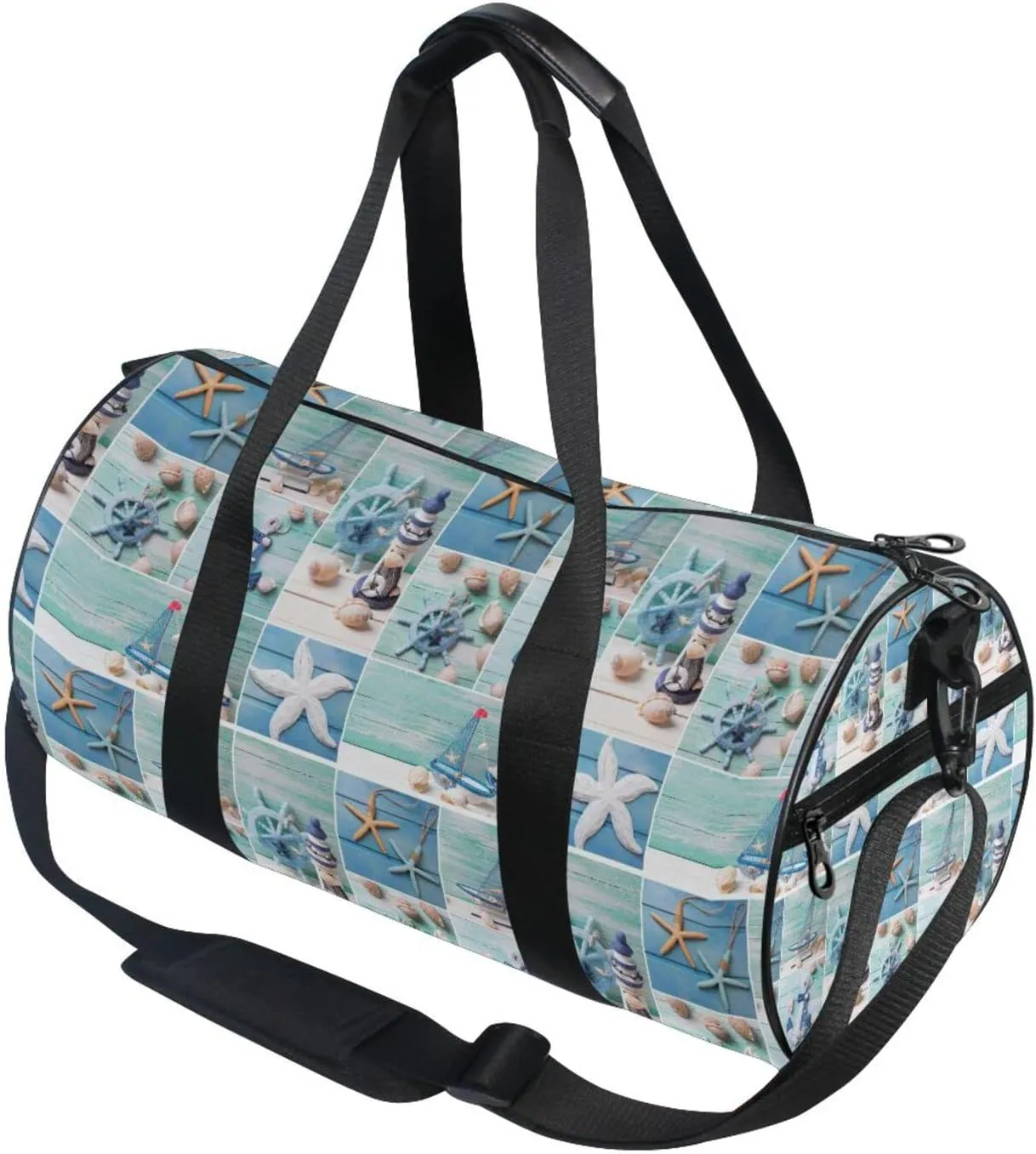 Marine Lighthouse Sailboats Starfishes Ships Steering Wheel on Wood Duffel Bag, Foldable Canvas Travel Tote for Gym Sports with Inner Pockets, Durable Lightweight Fitness Bag for Overnight Workout