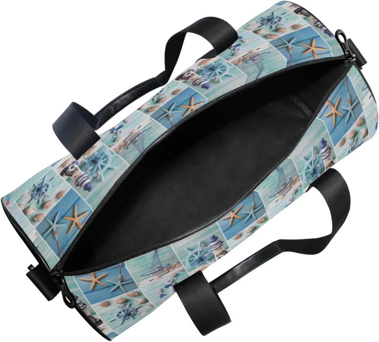 Marine Lighthouse Sailboats Starfishes Ships Steering Wheel on Wood Duffel Bag, Foldable Canvas Travel Tote for Gym Sports with Inner Pockets, Durable Lightweight Fitness Bag for Overnight Workout