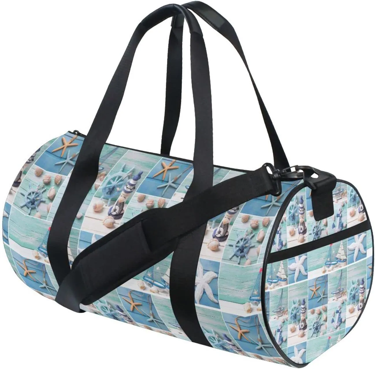 Marine Lighthouse Sailboats Starfishes Ships Steering Wheel on Wood Duffel Bag, Foldable Canvas Travel Tote for Gym Sports with Inner Pockets, Durable Lightweight Fitness Bag for Overnight Workout