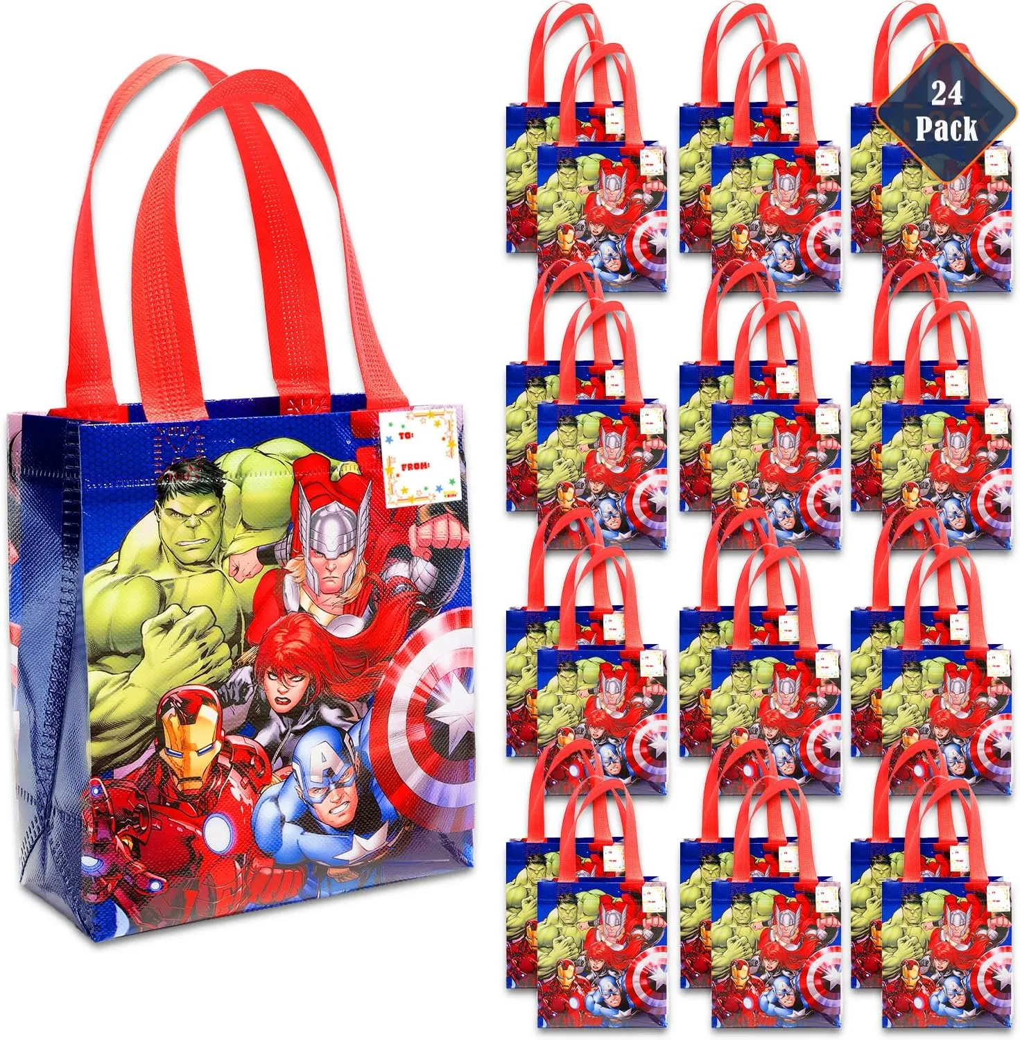 Marvel Avengers Party Favor Bags Set – 24 Pack of 8" Avengers Party Goodie Bags for Kids Bulk Reusable Totes | Marvel Avengers Birthday Party Supplies