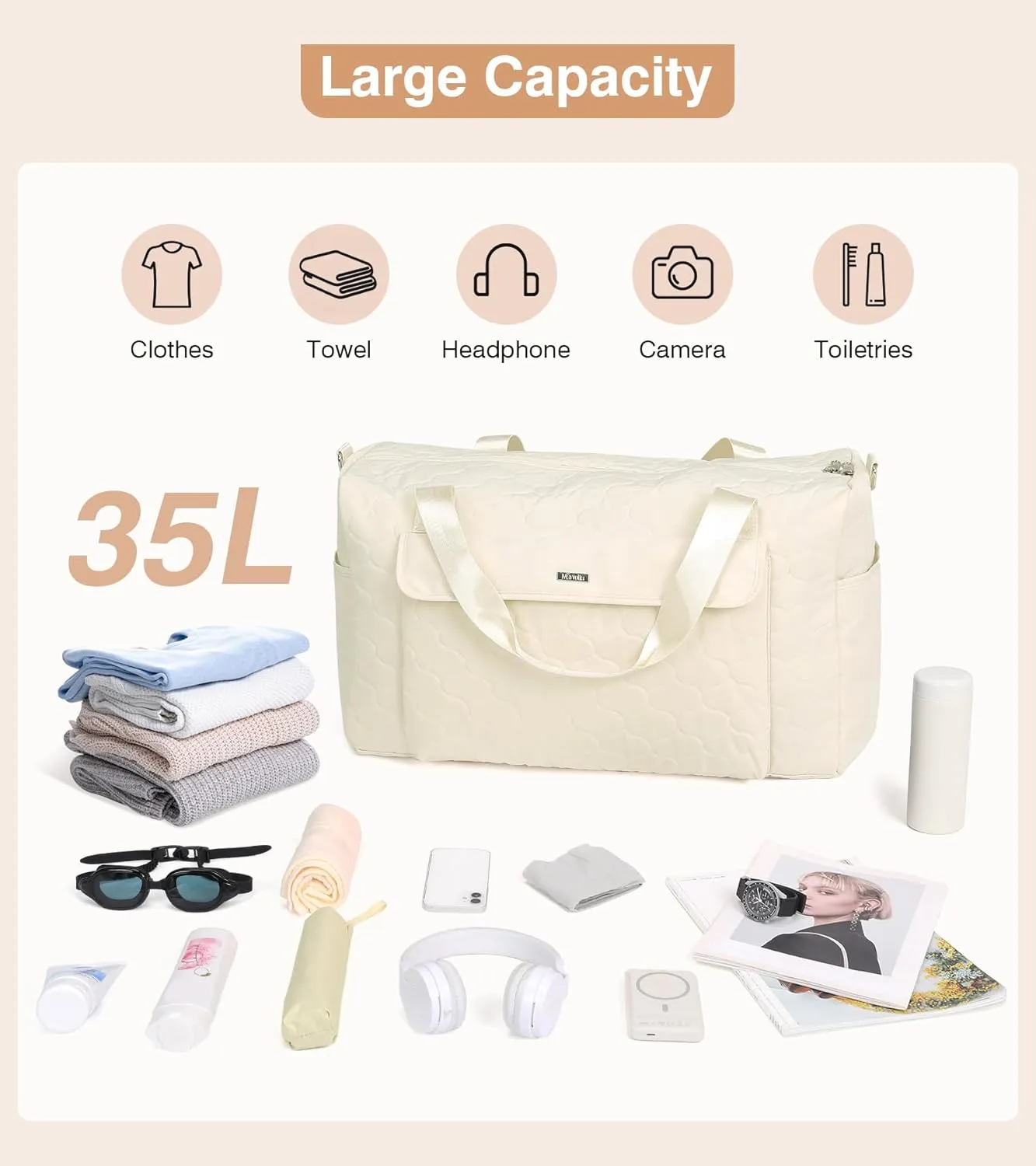Marvolia Travel Duffle Bag Weekender Bags for Women Carry On Overnight Bag for Travel Gym Duffel Bag with Wet Pocket Hospital Bags for Labor and Delivery - Beige