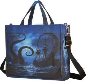 MCHIVER Tentacle Ship Blue Tote Bag for Women with Inner Zipper Pockets Corduroy Crossbody Shoulder Purse Utility Totes for Office Travel Work 13.7 * 4.9 * 12.2IN