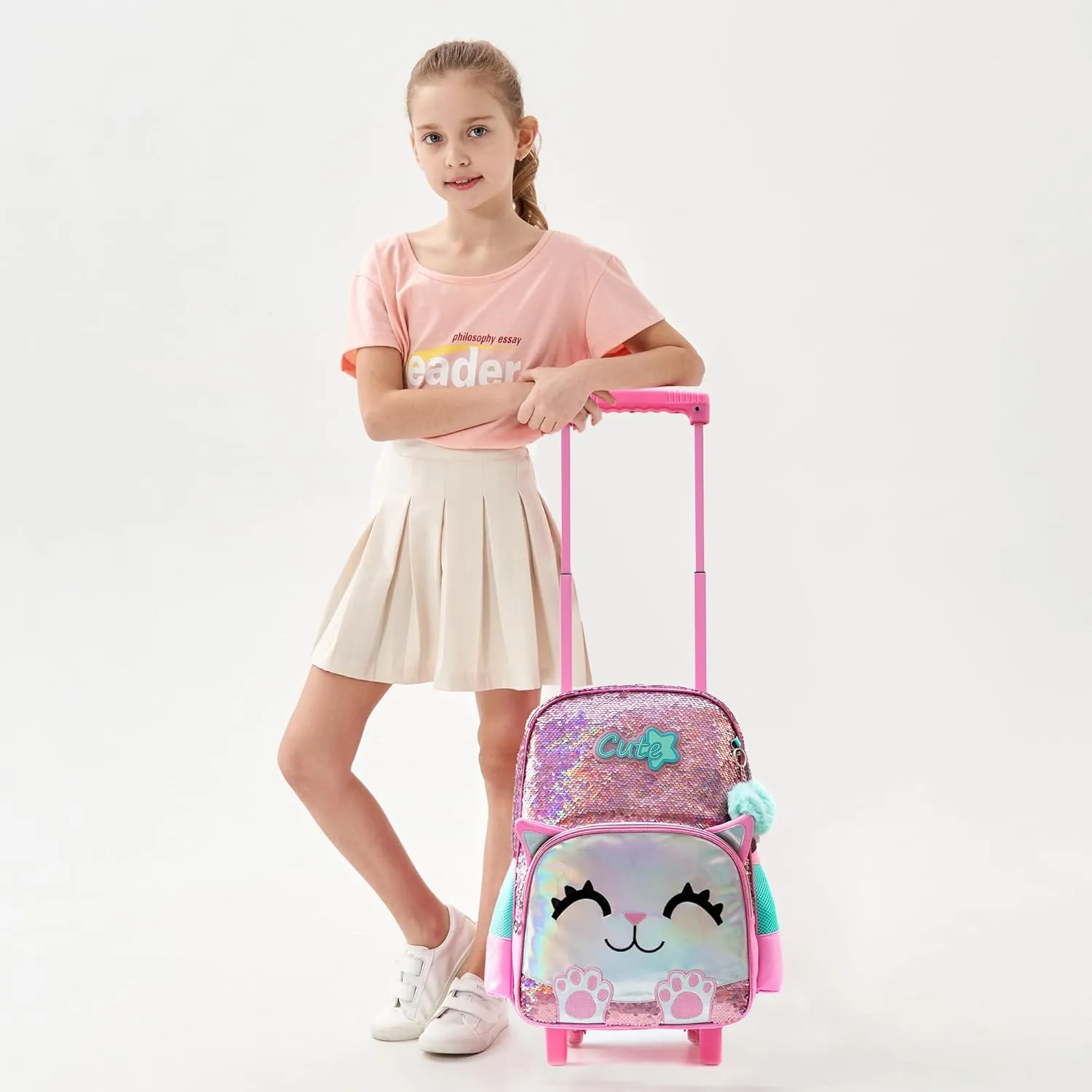 Meetbelify Girls Rolling Backpack Sequin Rolling Backpacks with Wheels for Girls for Elementary School Bag