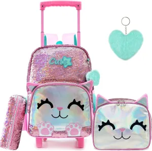Meetbelify Girls Rolling Backpack Sequin Rolling Backpacks with Wheels for Girls for Elementary School Bag
