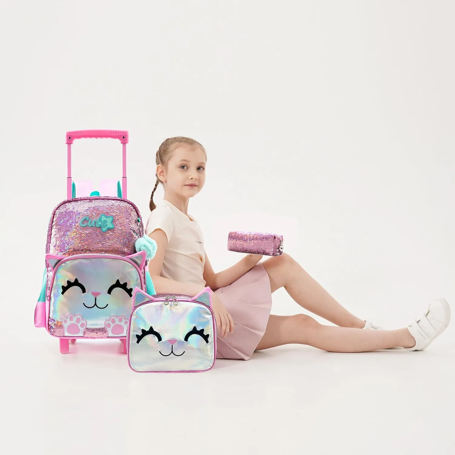Meetbelify Girls Rolling Backpack Sequin Rolling Backpacks with Wheels for Girls for Elementary School Bag