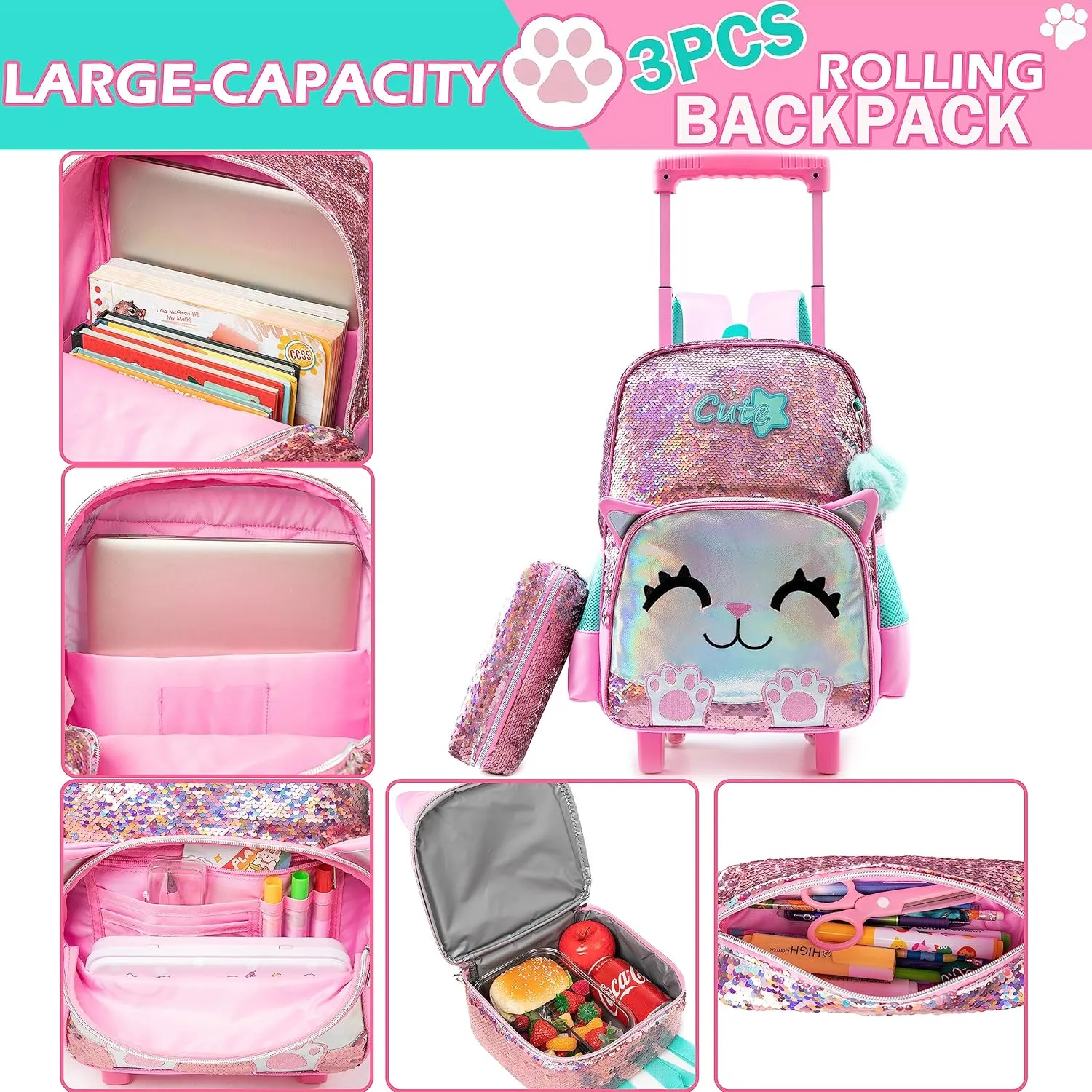 Meetbelify Girls Rolling Backpack Sequin Rolling Backpacks with Wheels for Girls for Elementary School Bag