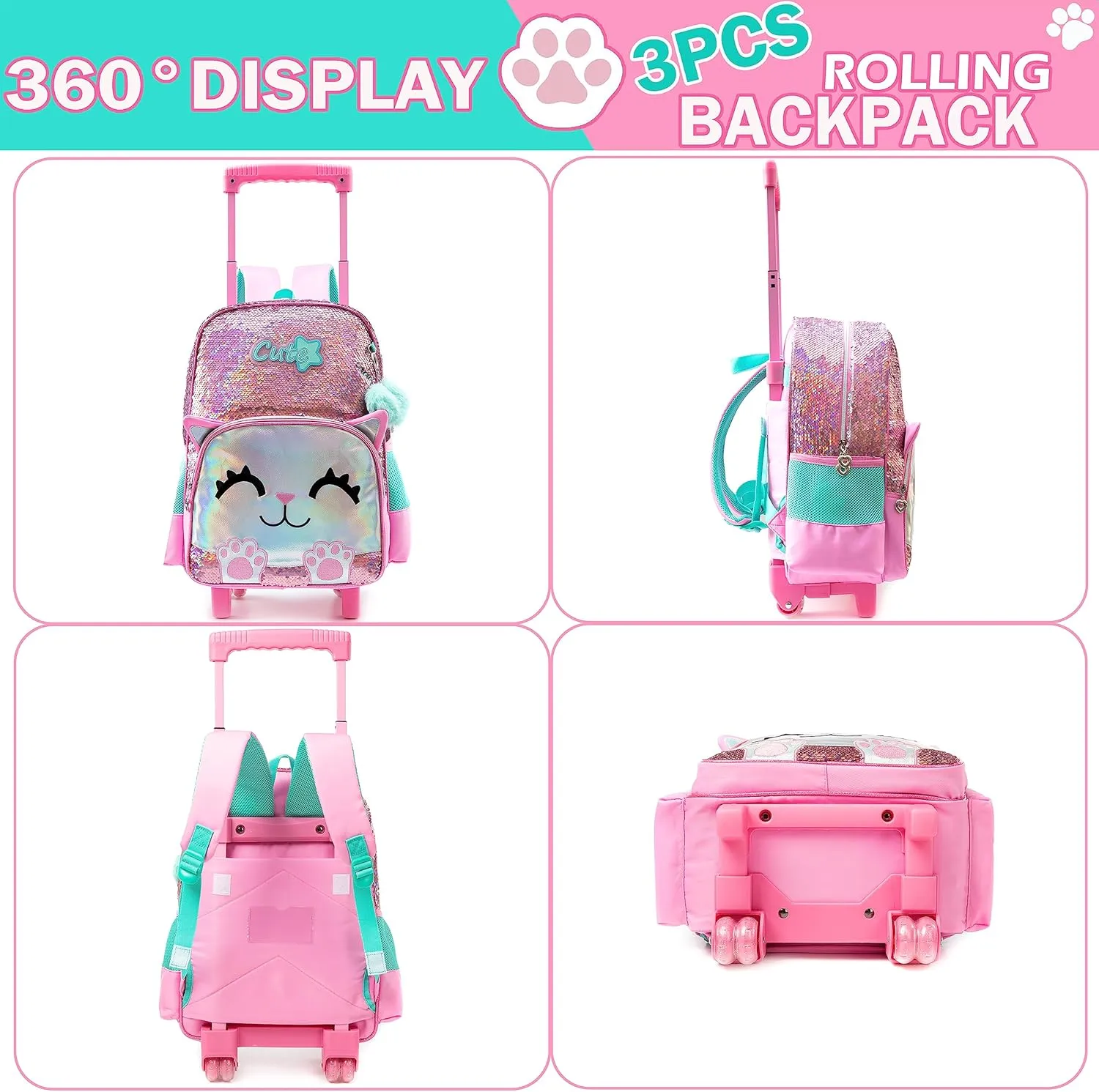 Meetbelify Girls Rolling Backpack Sequin Rolling Backpacks with Wheels for Girls for Elementary School Bag