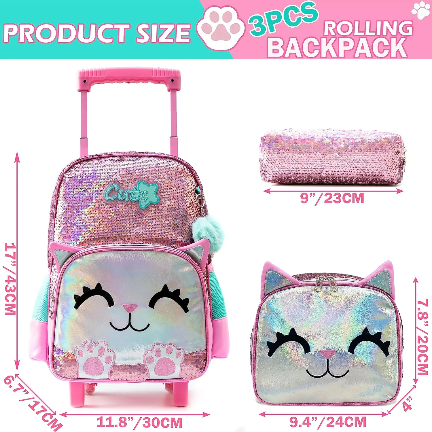 Meetbelify Girls Rolling Backpack Sequin Rolling Backpacks with Wheels for Girls for Elementary School Bag