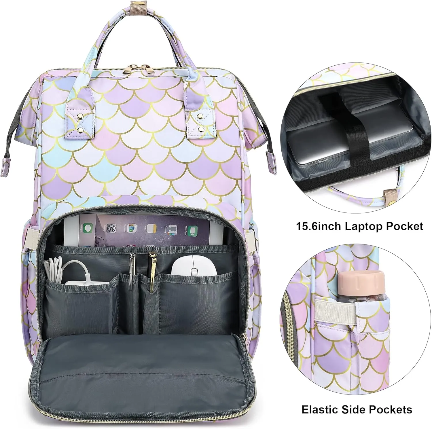 Mermaid Laptop Backpack for Womens Girls, College Backpacks School Bag Bookbag 15.6 Inch Computer Backpack