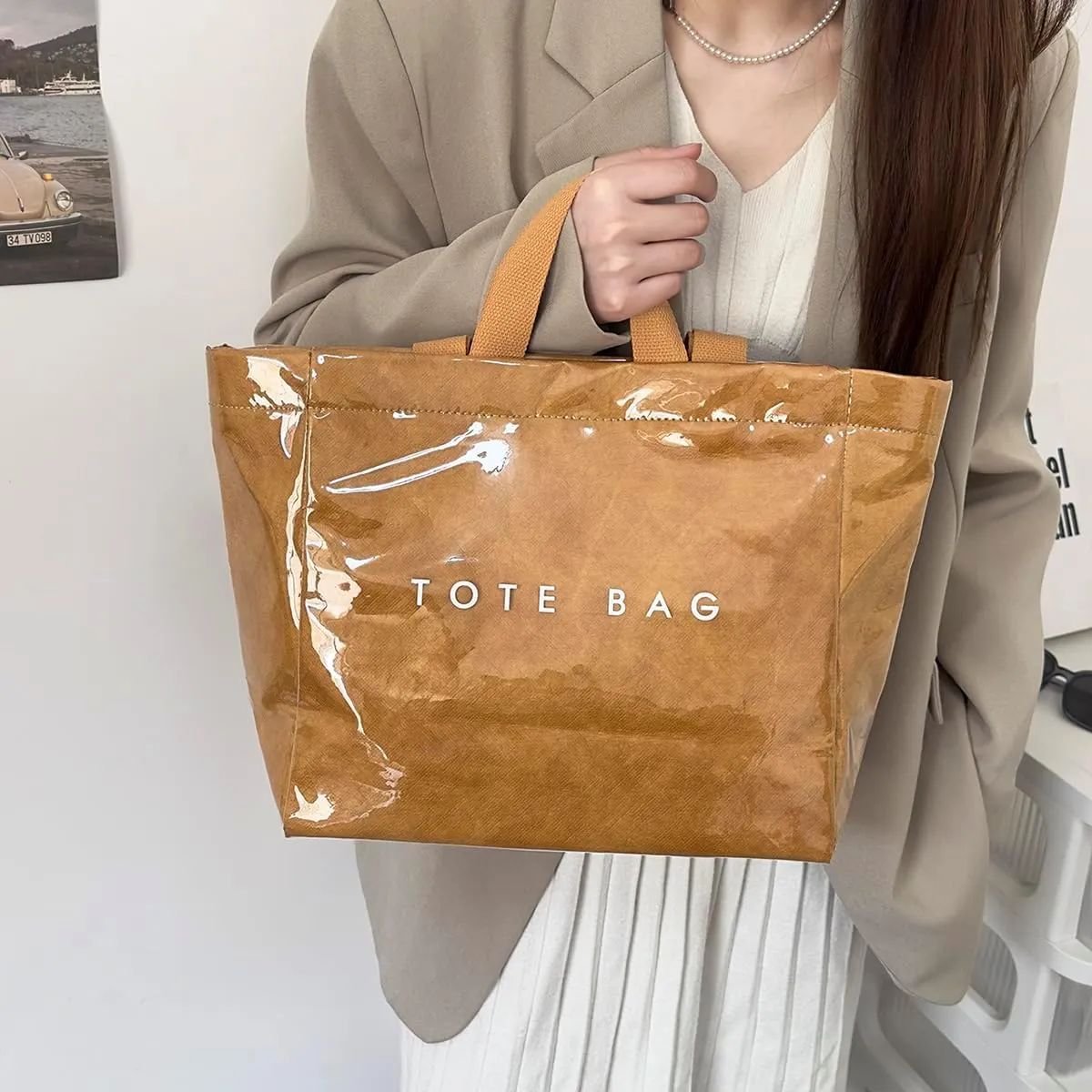 MINGRI Large Tote Bags for Women,Mother's Day Gifts,PVC Plastic Totes Bag,Carry All Bag Kraft Paper Shoulder Handbag