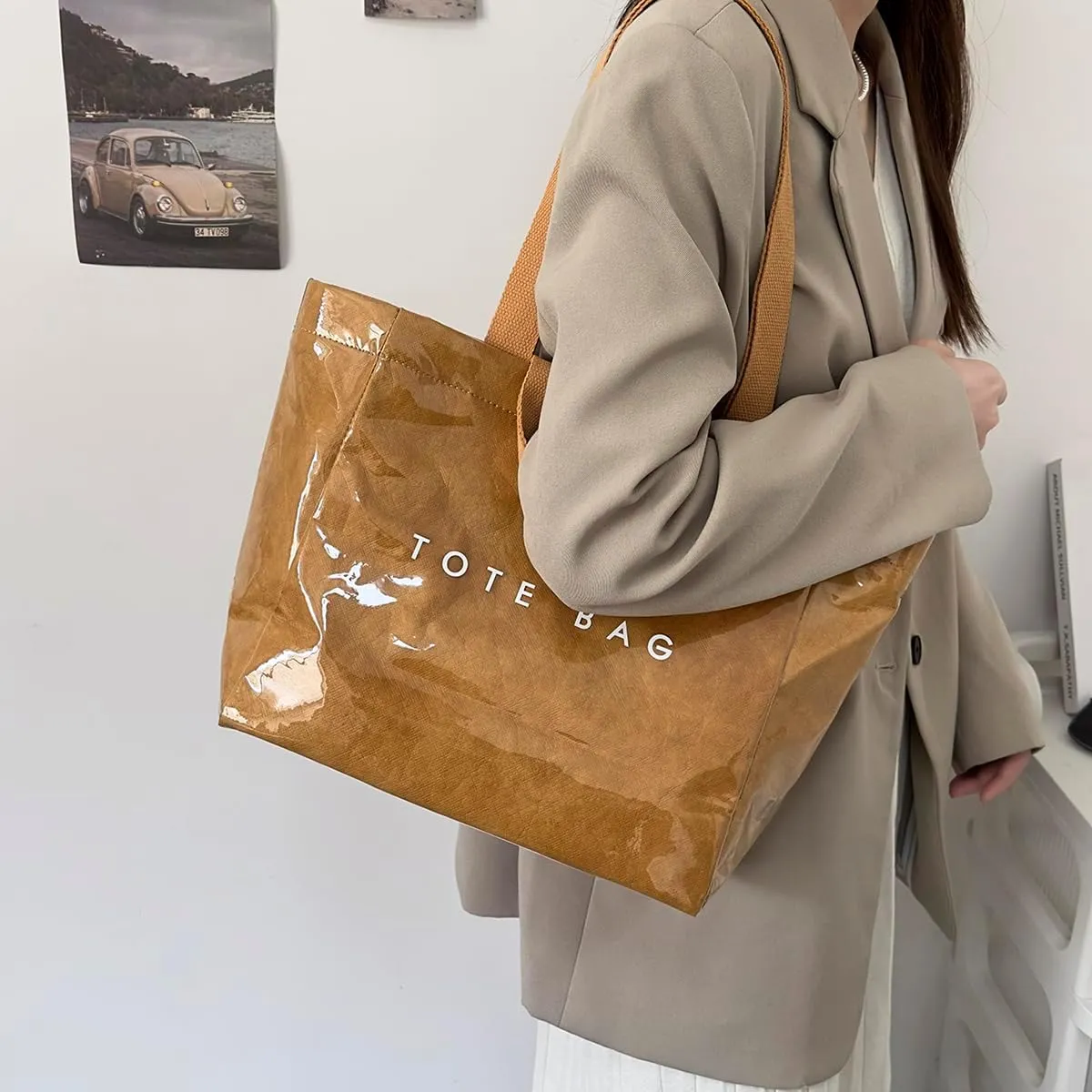 MINGRI Large Tote Bags for Women,Mother's Day Gifts,PVC Plastic Totes Bag,Carry All Bag Kraft Paper Shoulder Handbag