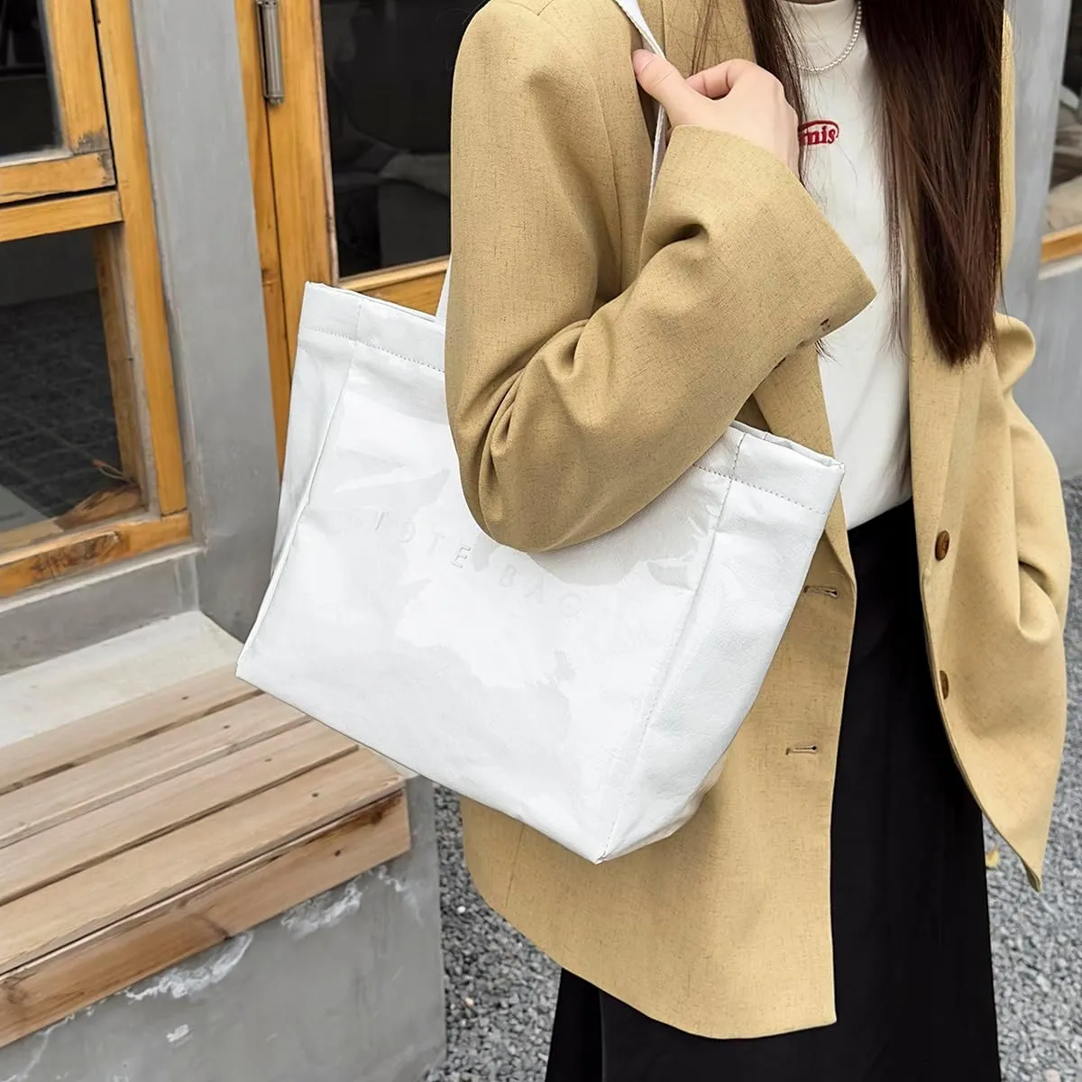 MINGRI Large Tote Bags for Women,Mother's Day Gifts,PVC Plastic Totes Bag,Carry All Bag Kraft Paper Shoulder Handbag