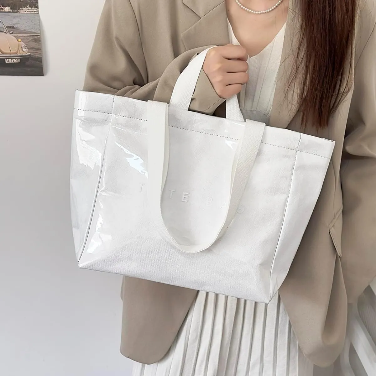 MINGRI Large Tote Bags for Women,Mother's Day Gifts,PVC Plastic Totes Bag,Carry All Bag Kraft Paper Shoulder Handbag
