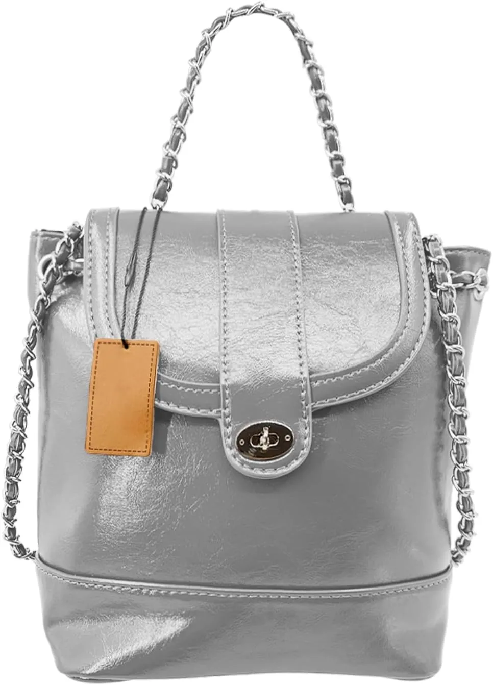 Mini Backpack Handbag for Women, Fashionable Vegan Leather Shoulder Bag with Metallic Chain Strap Drawstring