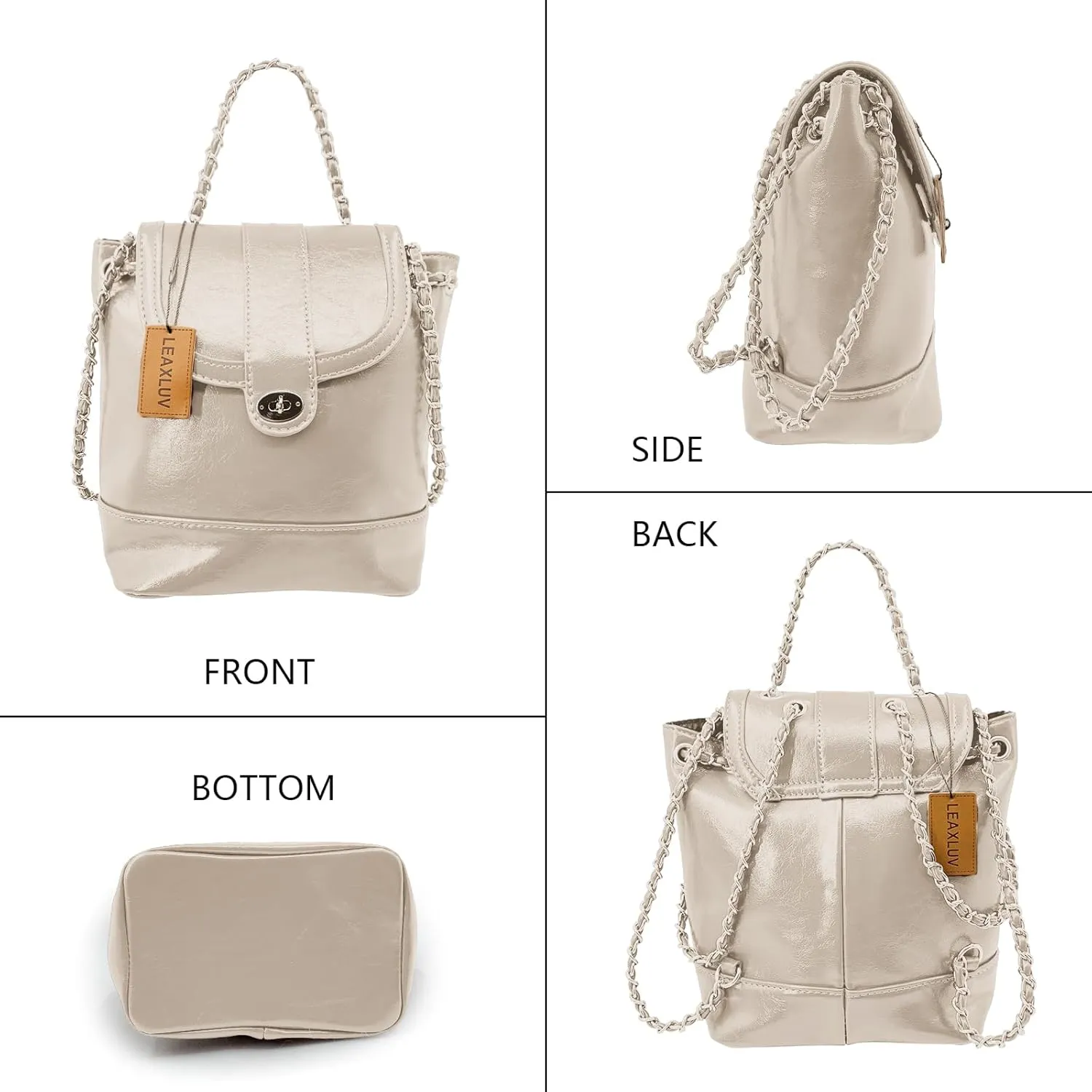 Mini Backpack Handbag for Women, Fashionable Vegan Leather Shoulder Bag with Metallic Chain Strap Drawstring