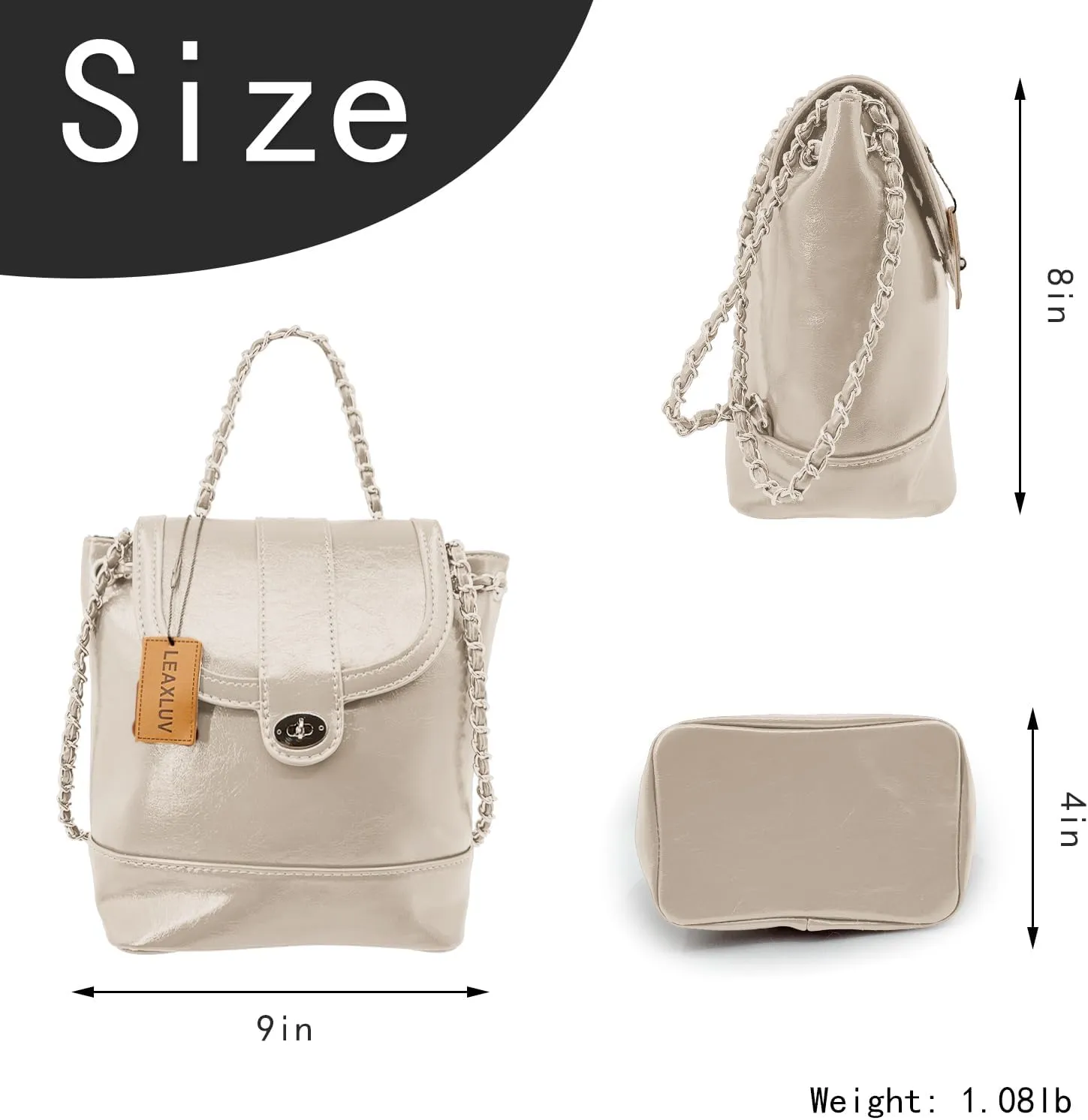 Mini Backpack Handbag for Women, Fashionable Vegan Leather Shoulder Bag with Metallic Chain Strap Drawstring