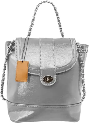 Mini Backpack Handbag for Women, Fashionable Vegan Leather Shoulder Bag with Metallic Chain Strap Drawstring