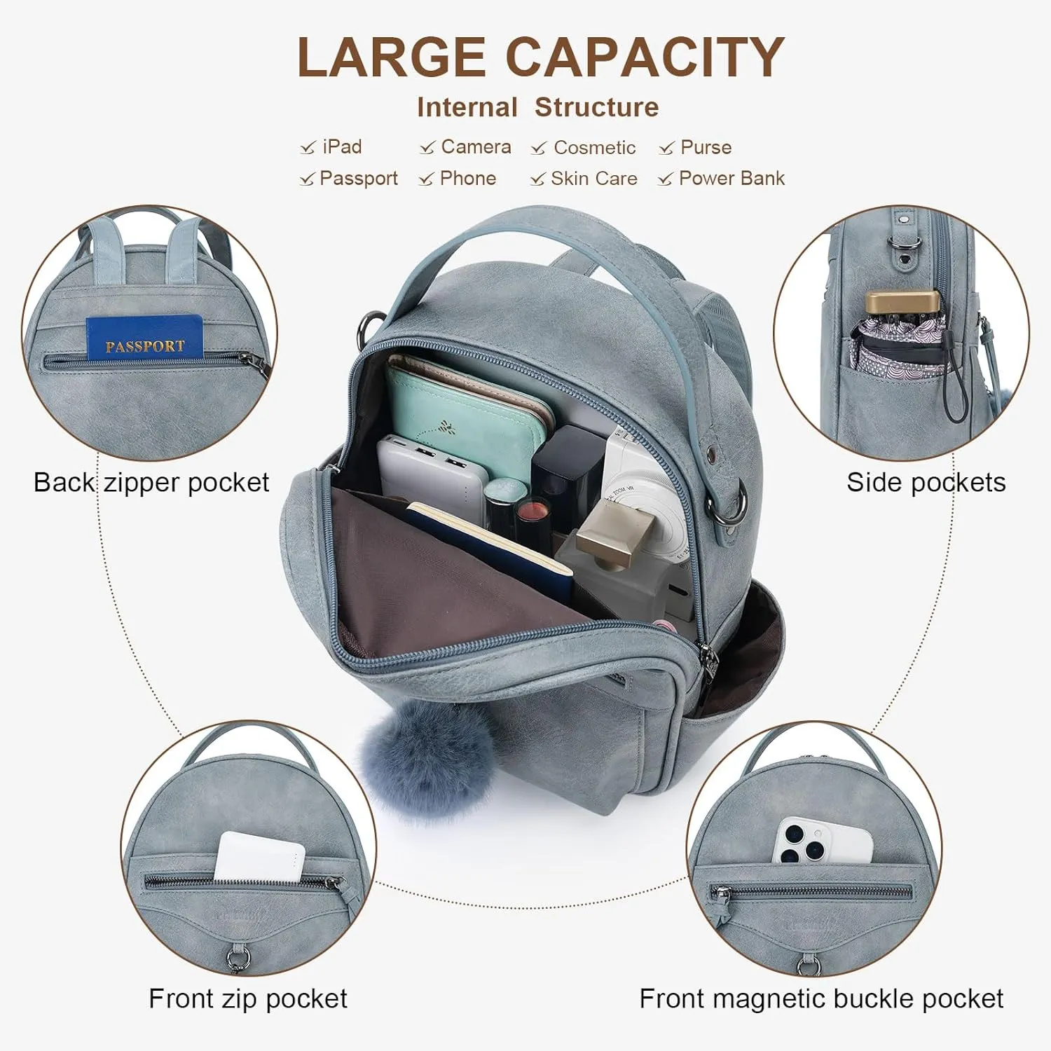 Mini Backpack Purse for Women Fashion Cute Small Travel Backpacks Pompom Daypacks Shoulder Handbag