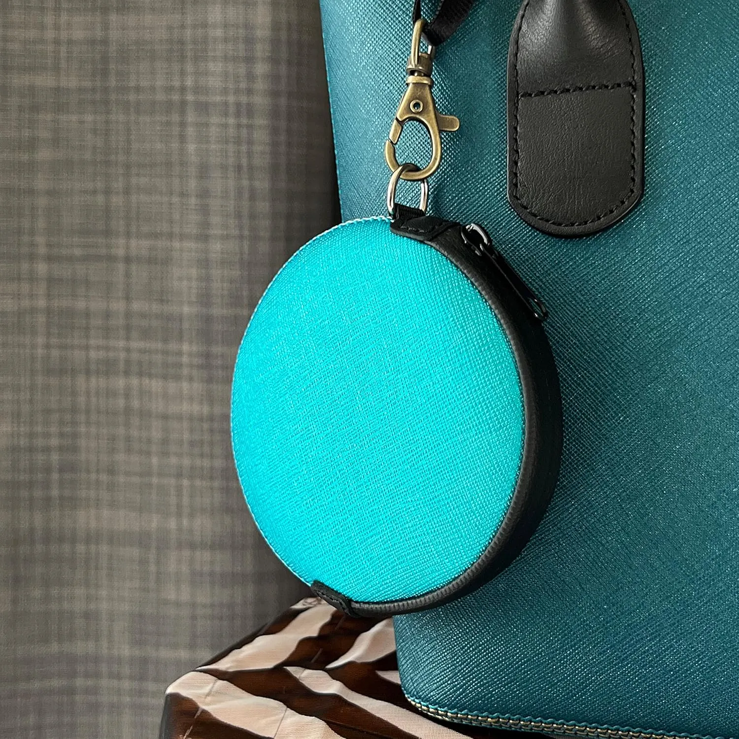 Mini Round Coin Purse with Clip on, Lightweight Waterproof Zipper Pouch for Earbuds, Keys, Coins, Compact Travel Storage Case for Women & Men [ Bright Blue ]