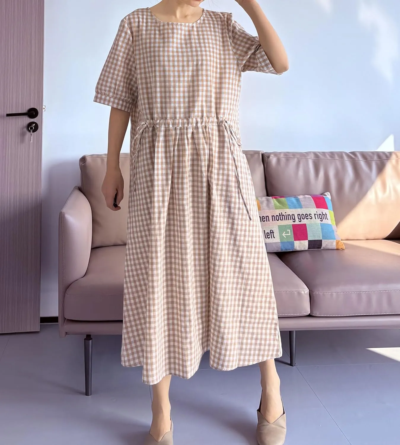 Minibee Women's Cotton Linen Dress Summer Short Sleeve Casual Plaid Flowy A-Line Midi Dresses with Pockets