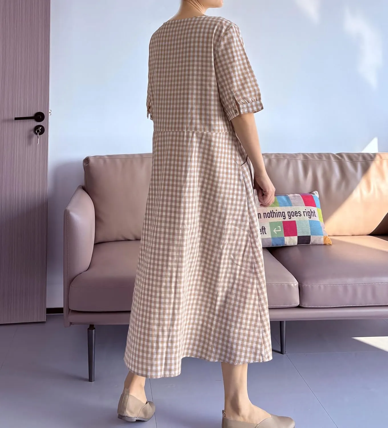 Minibee Women's Cotton Linen Dress Summer Short Sleeve Casual Plaid Flowy A-Line Midi Dresses with Pockets