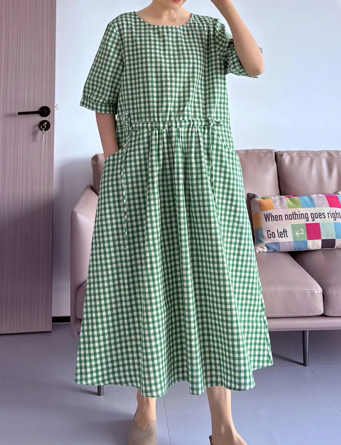 Minibee Women's Cotton Linen Dress Summer Short Sleeve Casual Plaid Flowy A-Line Midi Dresses with Pockets
