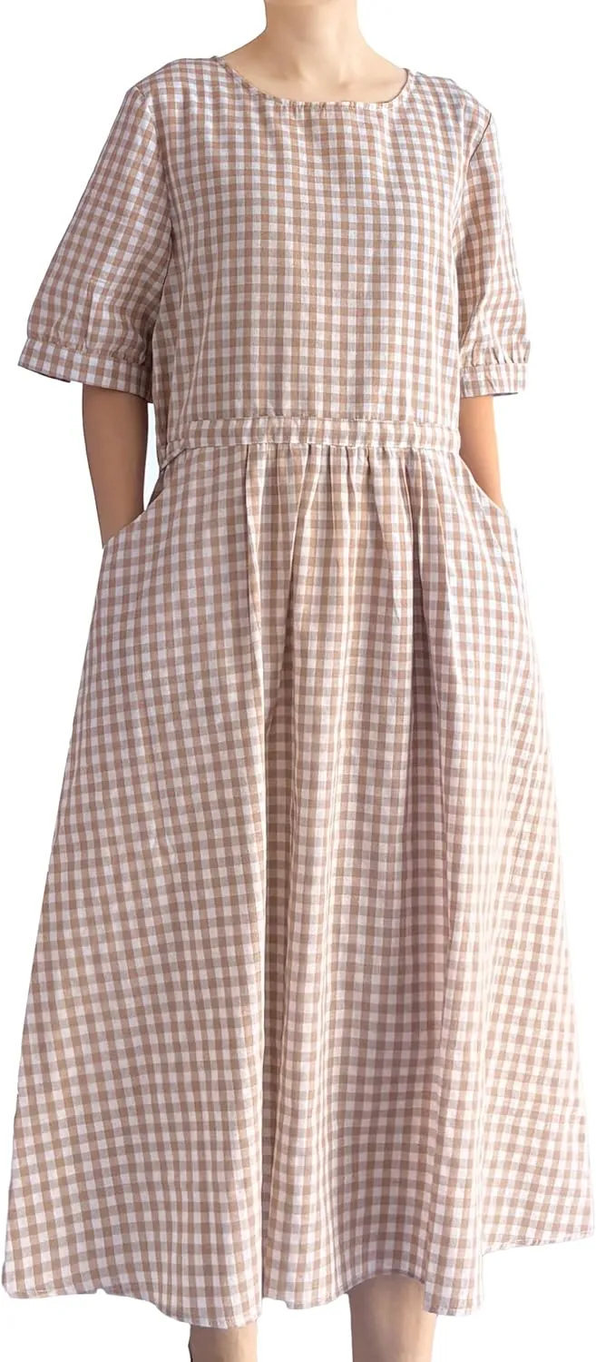 Minibee Women's Cotton Linen Dress Summer Short Sleeve Casual Plaid Flowy A-Line Midi Dresses with Pockets