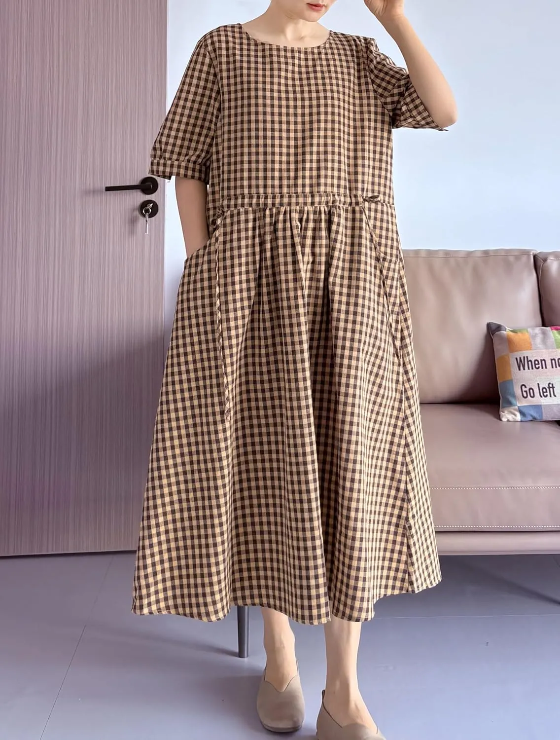 Minibee Women's Cotton Linen Dress Summer Short Sleeve Casual Plaid Flowy A-Line Midi Dresses with Pockets