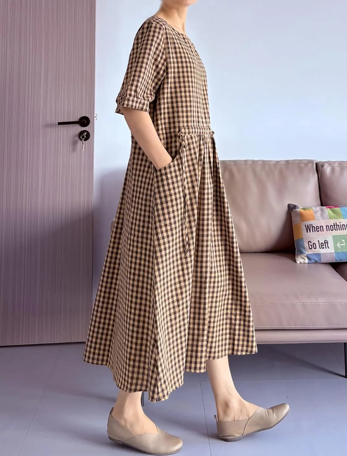 Minibee Women's Cotton Linen Dress Summer Short Sleeve Casual Plaid Flowy A-Line Midi Dresses with Pockets