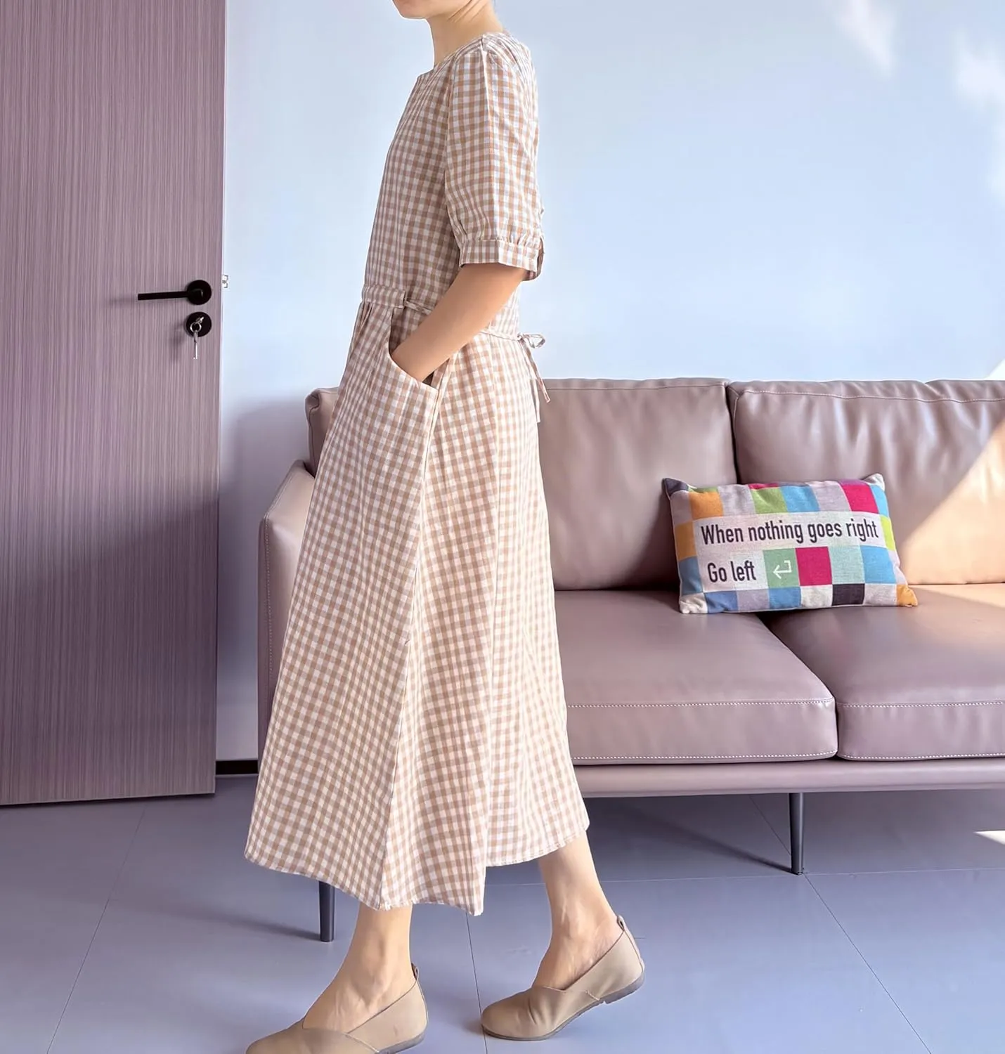 Minibee Women's Cotton Linen Dress Summer Short Sleeve Casual Plaid Flowy A-Line Midi Dresses with Pockets