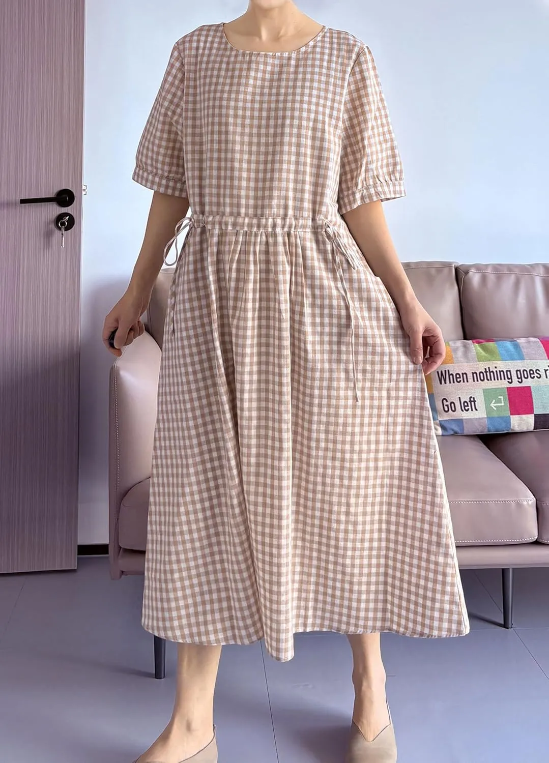 Minibee Women's Cotton Linen Dress Summer Short Sleeve Casual Plaid Flowy A-Line Midi Dresses with Pockets