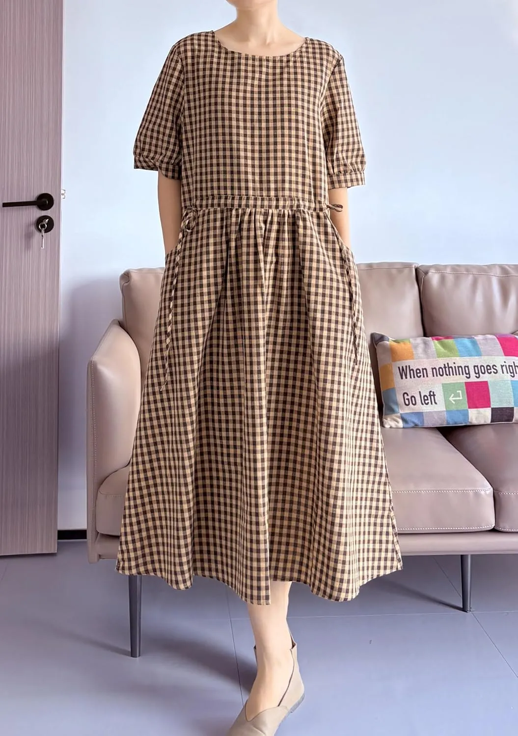 Minibee Women's Cotton Linen Dress Summer Short Sleeve Casual Plaid Flowy A-Line Midi Dresses with Pockets